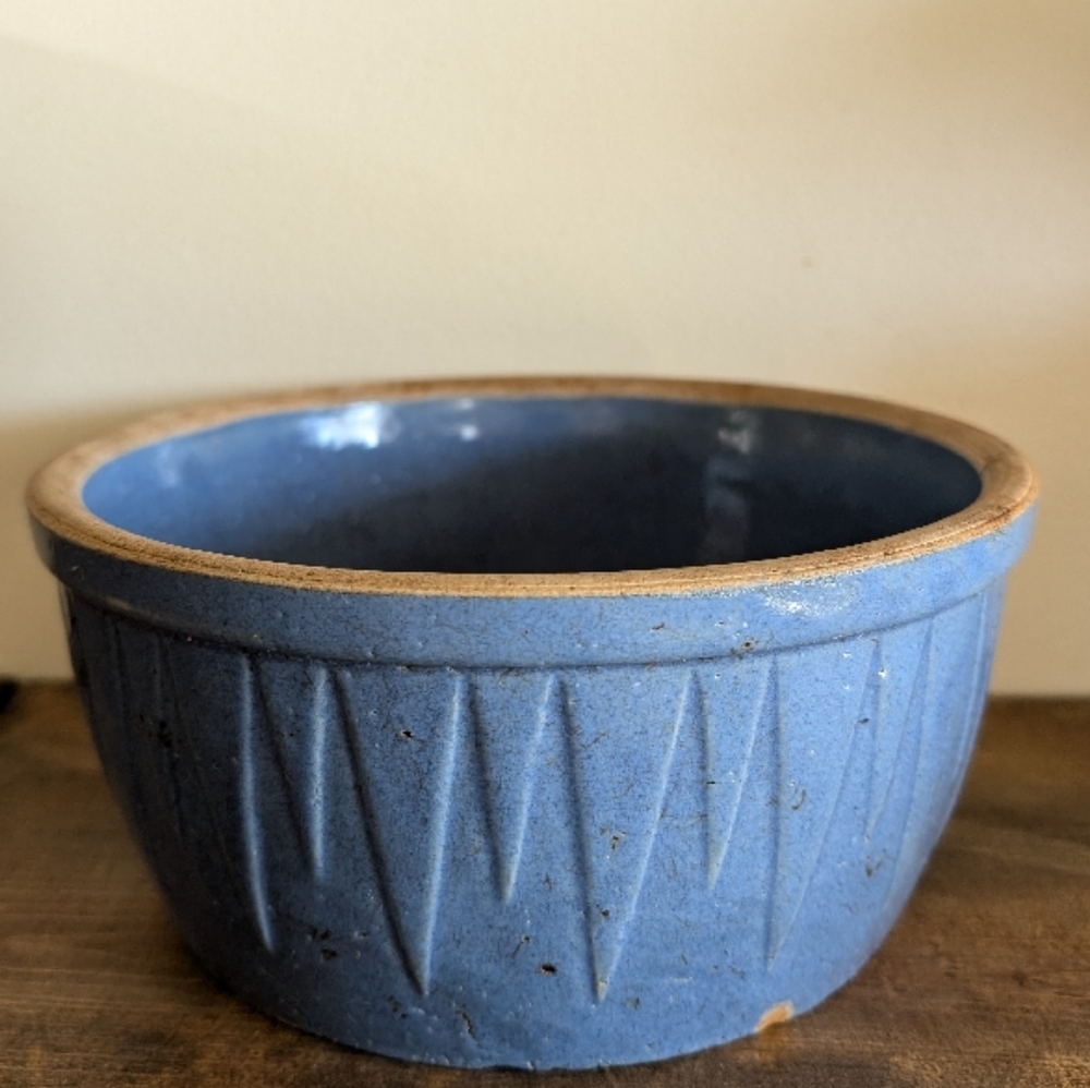 Antique 1870 Ruckel's Pottery White Hall , Illinois Blue Stoneware Crock Bowl